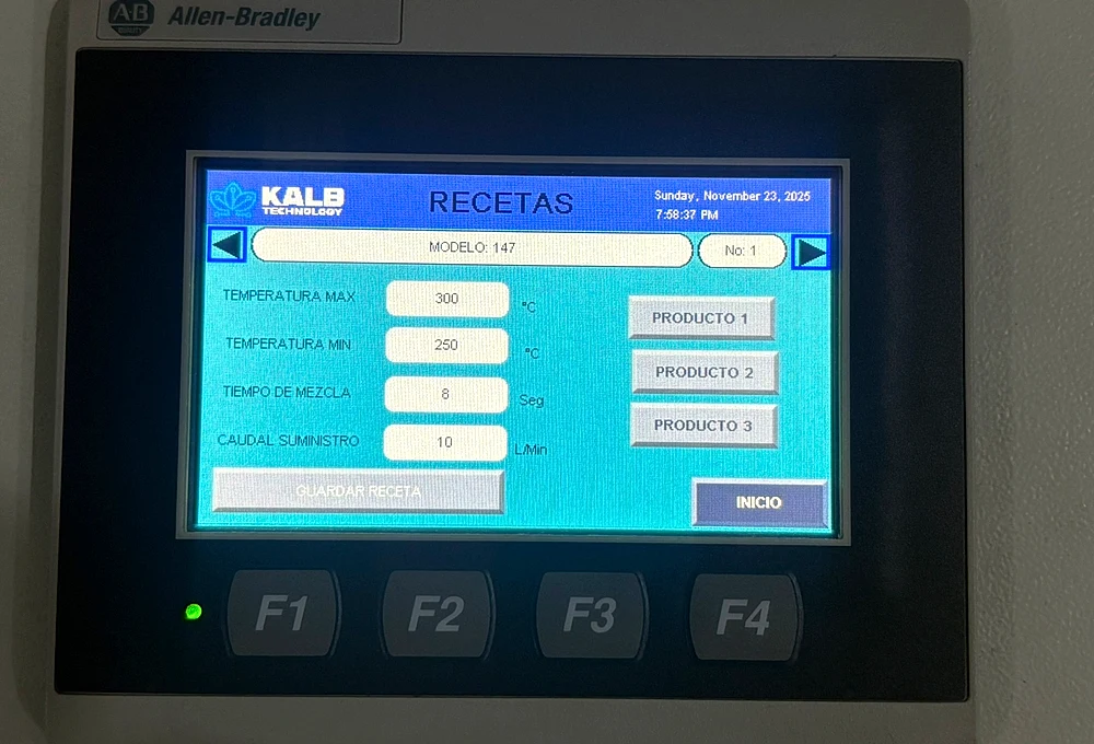 HMI Allen-Bradley programado por KALB-TECH con pantalla de recetas industriales