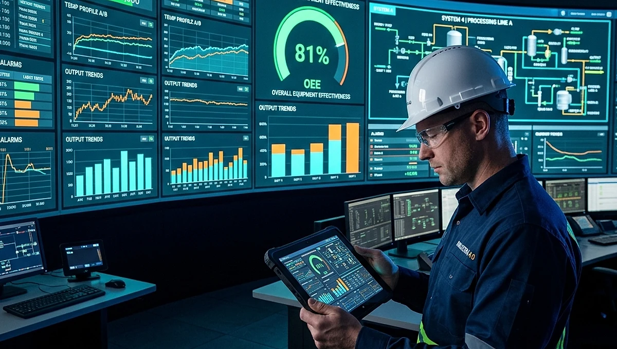 Sala de control industrial con pantallas SCADA mostrando dashboards de producción en tiempo real — proyecto Industria 4.0 KALB-TECH Querétaro